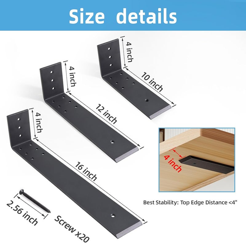 WEKIS 16 Inch Countertop Support Bracket, 3 Pack Solid Iron Steel Heavy Duty Hidden Floating L Shelf Brackets1/4 Inch Thick, Shelving Support Metal Hardware for Mantel Granite Countertop - Image 3